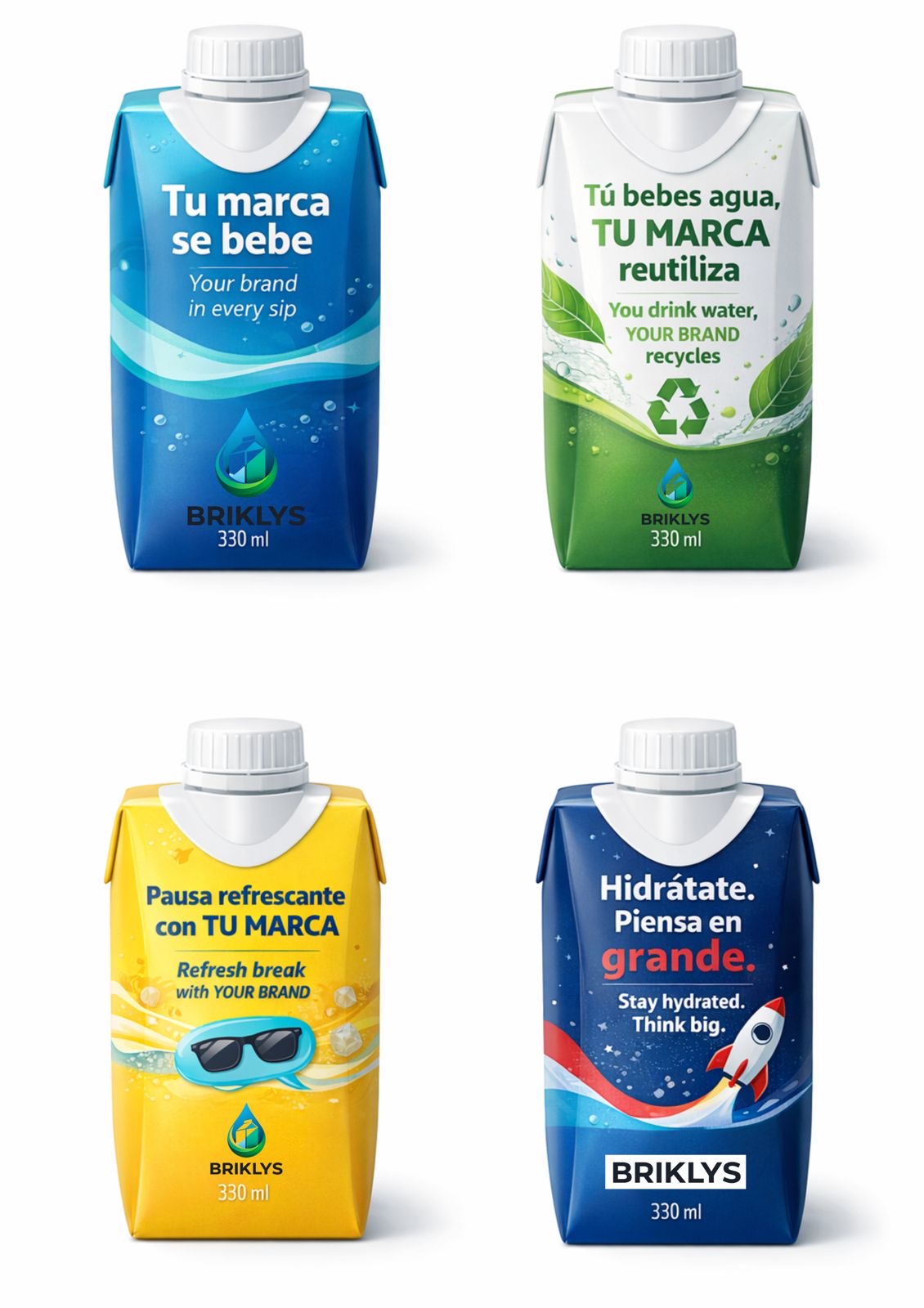 Set de envases Briklys con claims personalizables