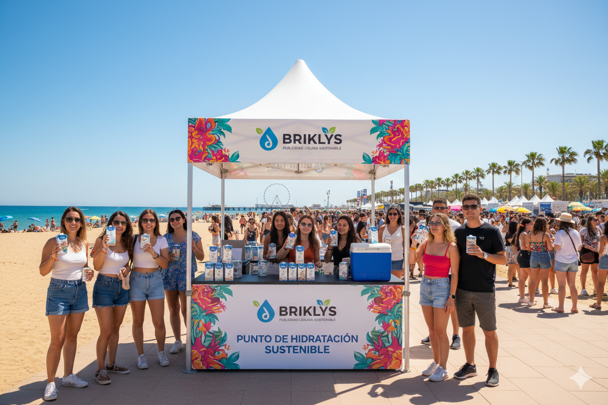 Punto de hidratación sostenible Briklys en playa
